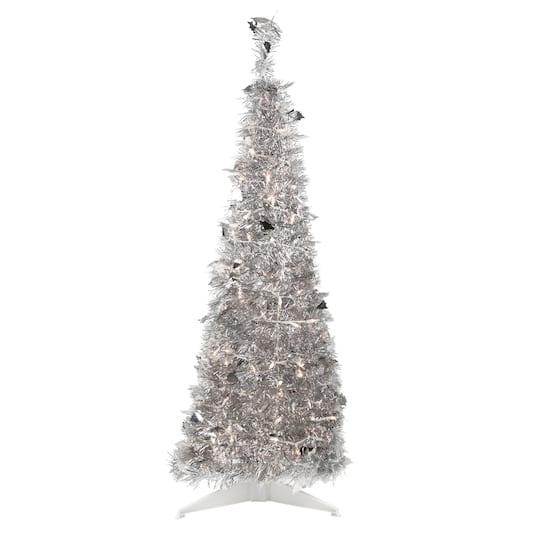 Northlight 4Ft Pre-Lit Silver Tinsel Pop-Up Artificial Christmas Tree, Clear incandescent Lights | 4 ft | Michaels®